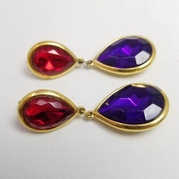 Vintage Trifari Purple and Red Jewel Tone Dangle Clip On Earrings, 90s Style - Picture 2 of 9